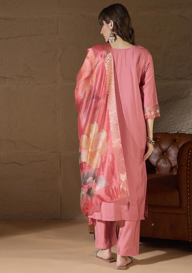 Pink Embroidered Silk Blend Kurta Set - Indya