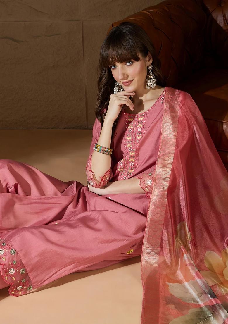 Pink Embroidered Silk Blend Kurta Set - Indya