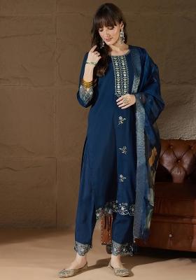 Blue Embroidered Silk Blend Kurta Set