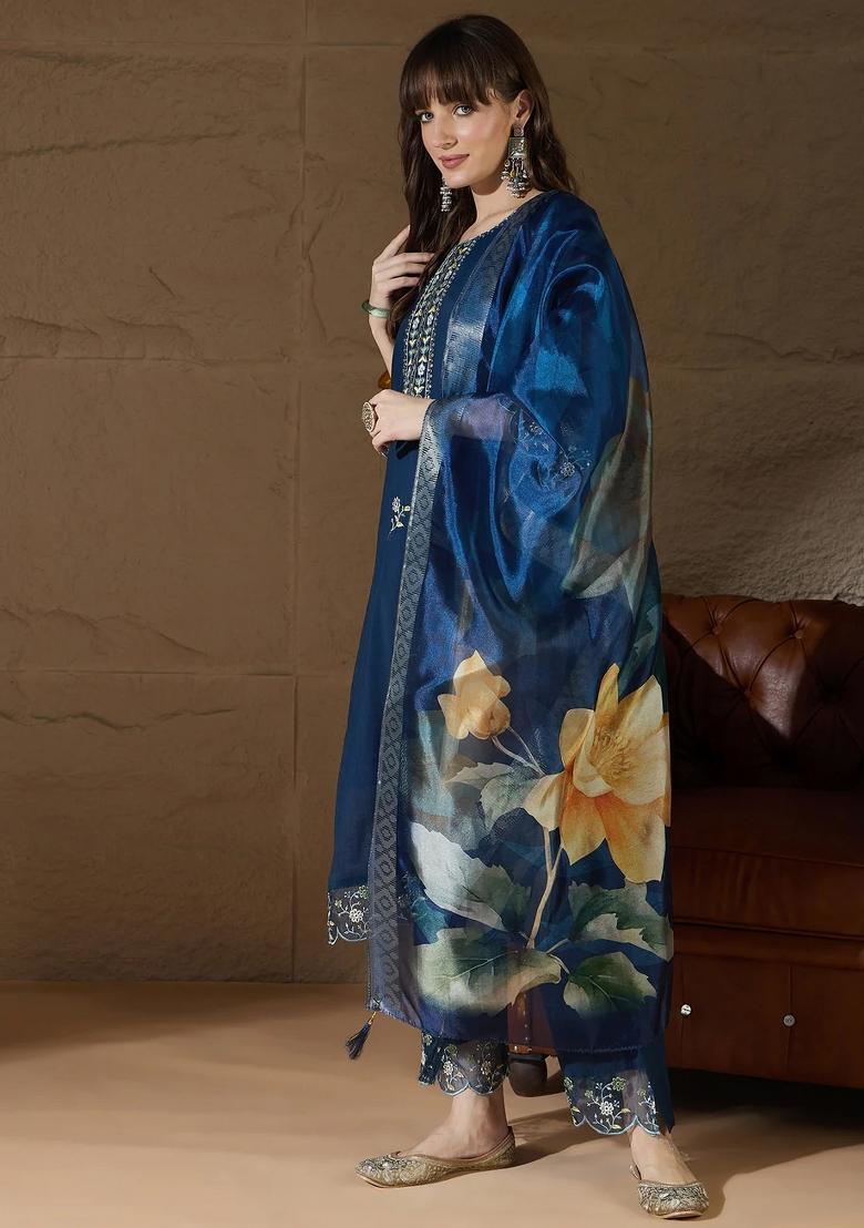 Blue Embroidered Silk Blend Kurta Set - Indya