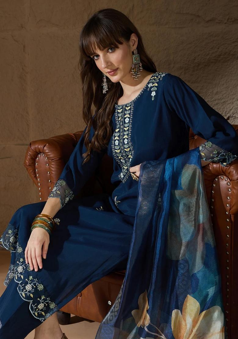 Blue Embroidered Silk Blend Kurta Set - Indya