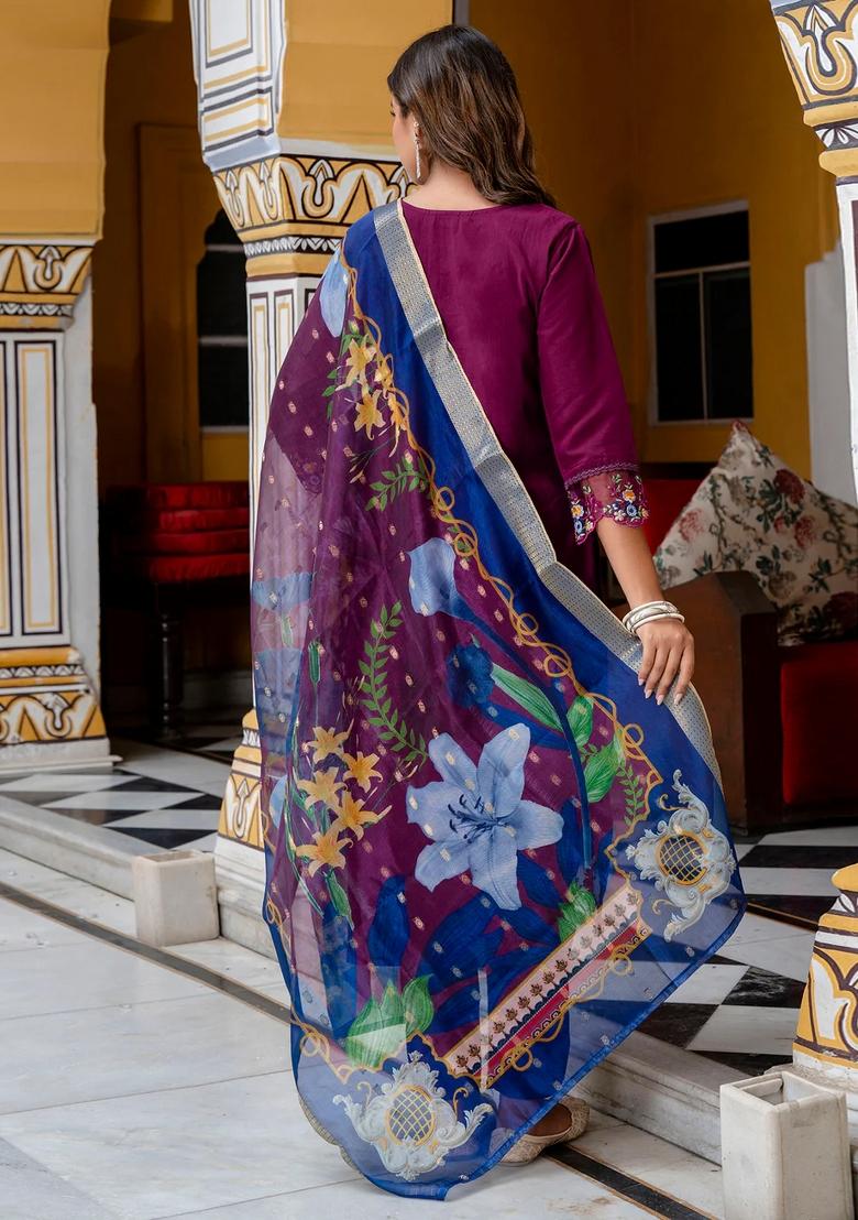 Purple Embroidered Silk Blend Kurta Set - Indya