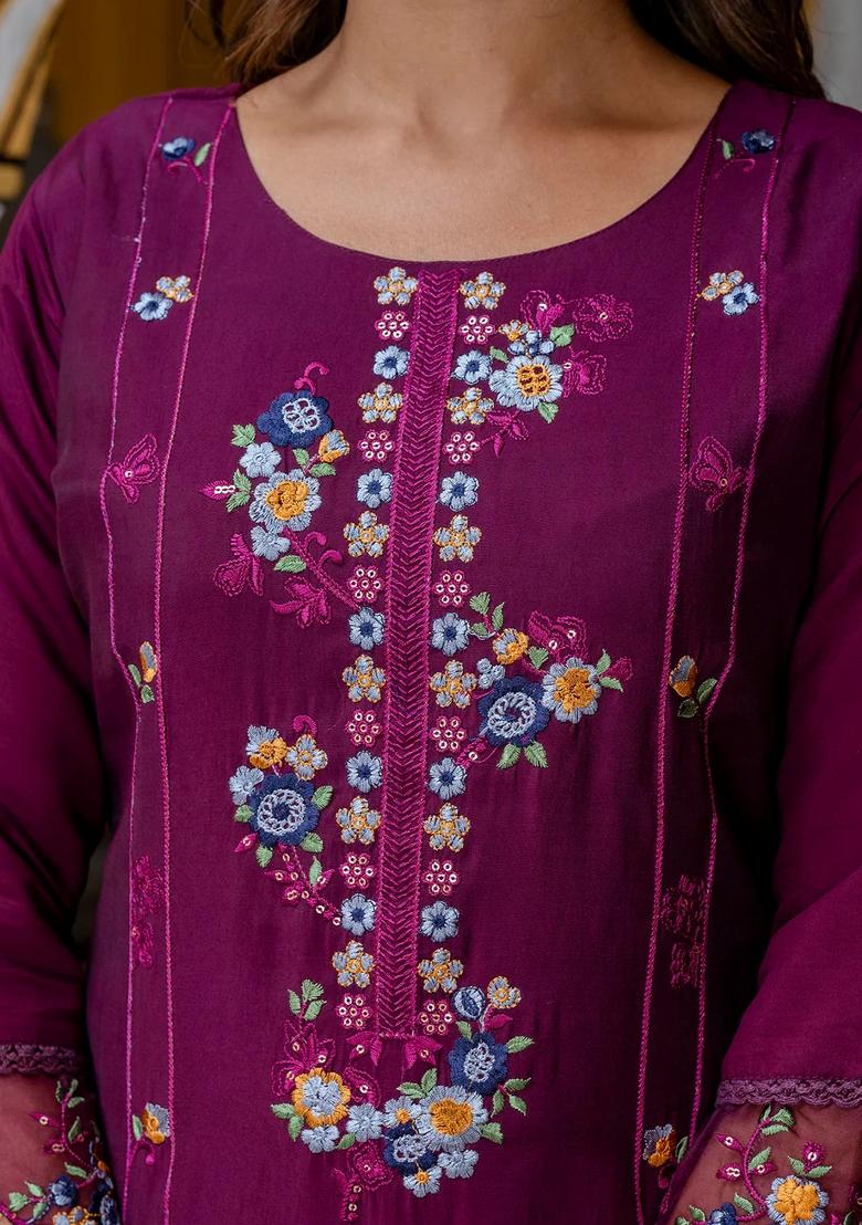 Purple Embroidered Silk Blend Kurta Set - Indya