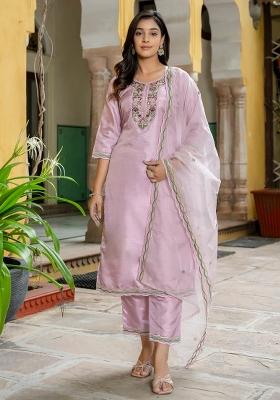 Purple Embroidered Silk Blend Kurta Set