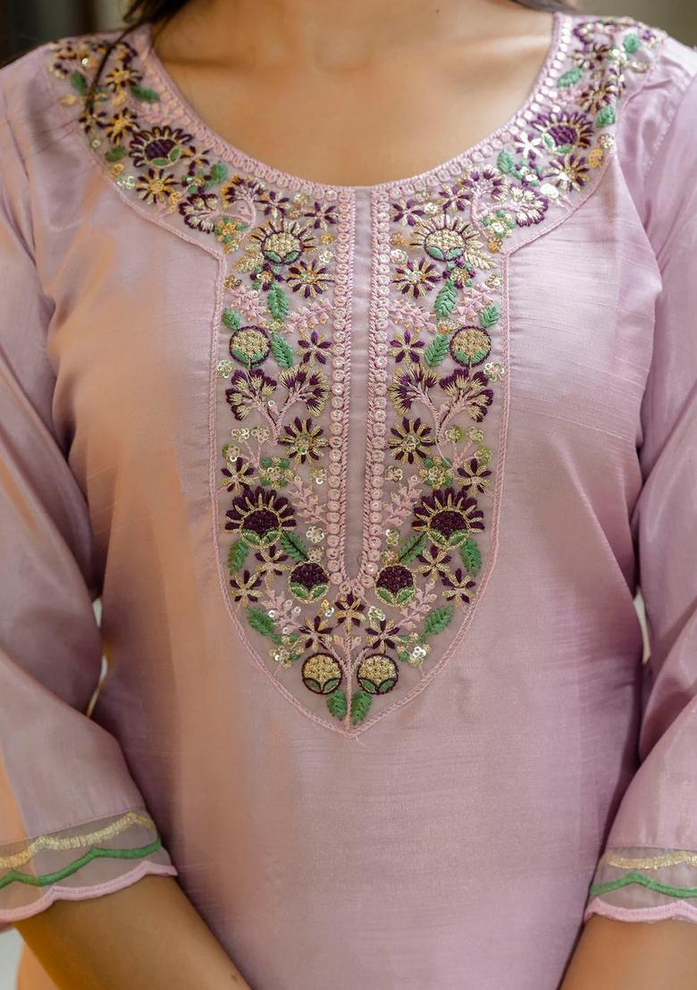 Purple Embroidered Silk Blend Kurta Set - Indya