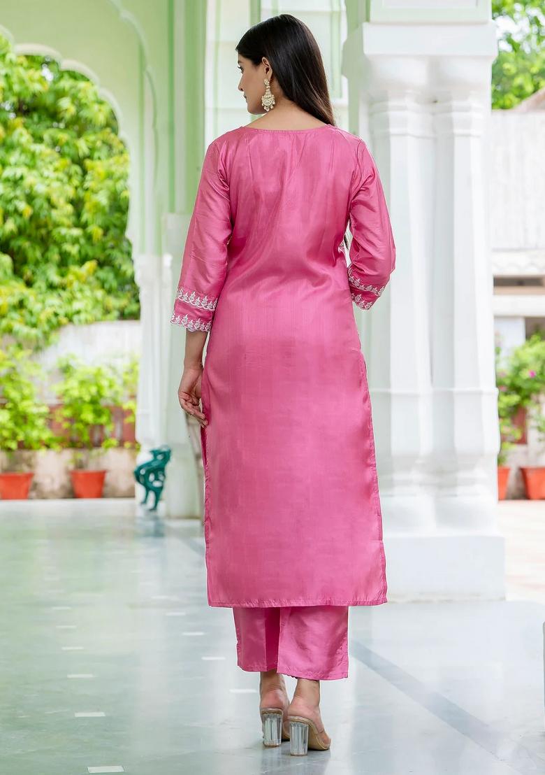 Pink Embroidered Silk Blend Kurta Set - Indya