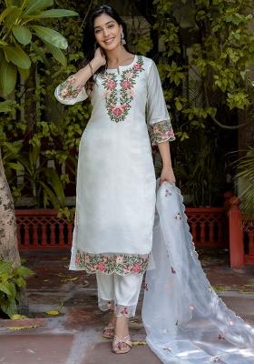 White Embroidered Silk Blend Kurta Set