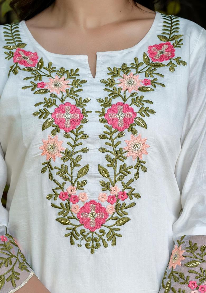 White Embroidered Silk Blend Kurta Set - Indya