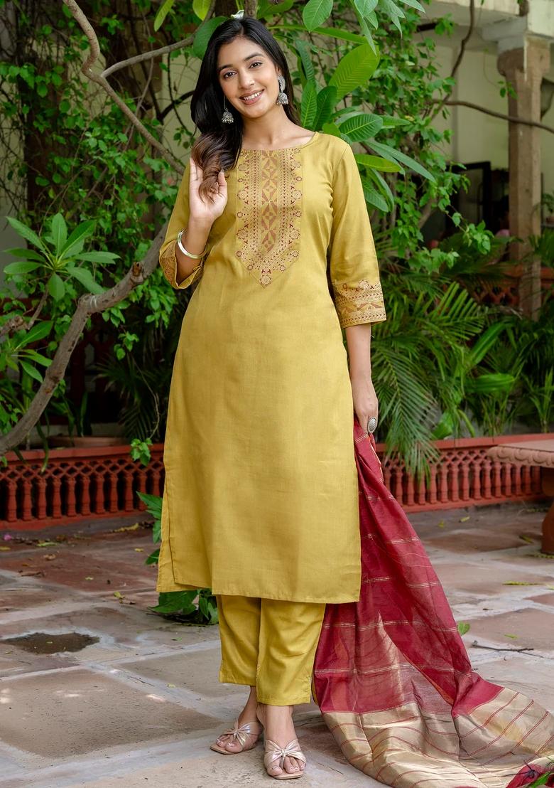 Yellow Printed Silk Blend Kurta Set - Indya