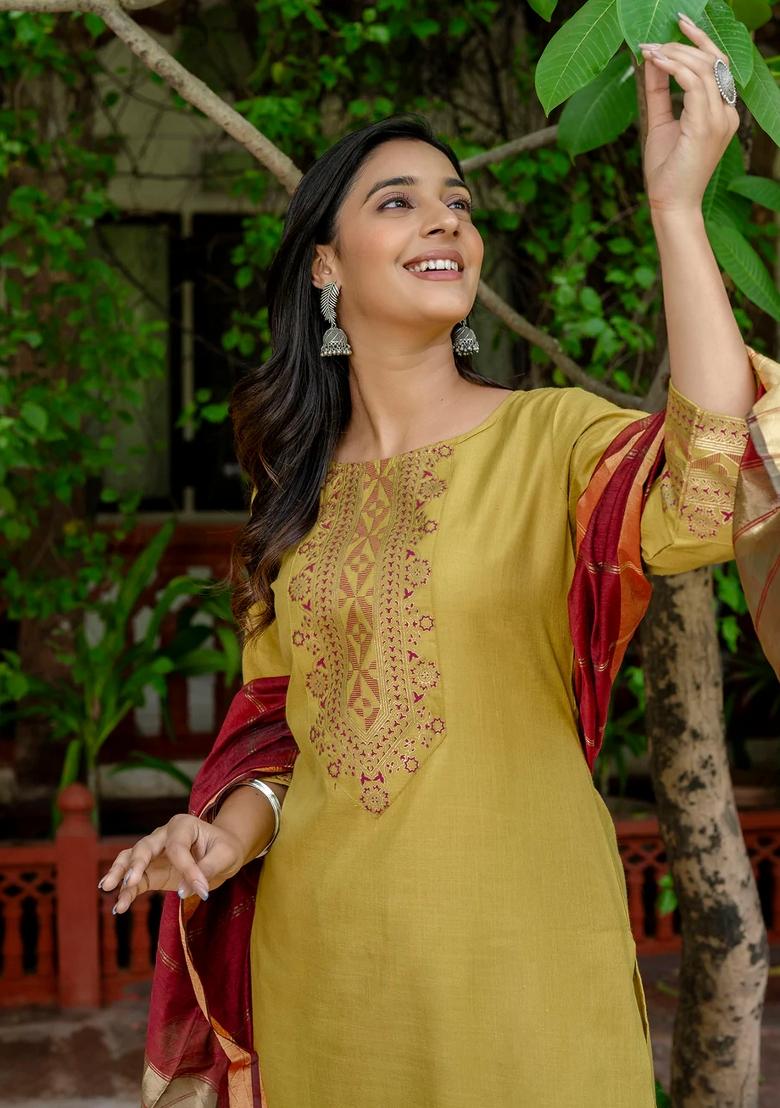 Yellow Printed Silk Blend Kurta Set - Indya