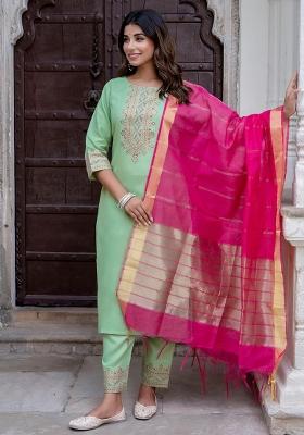 Green Printed Silk Blend Kurta Set