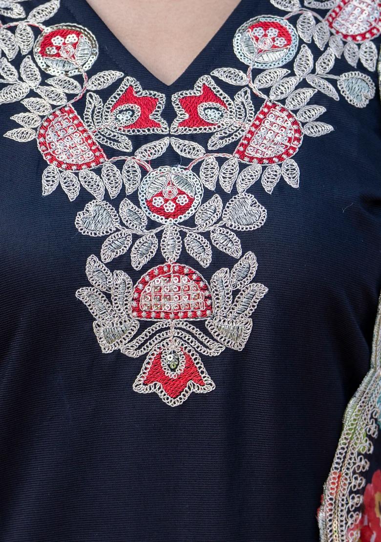 Black Embroidered Silk Blend Kurta Set - Indya