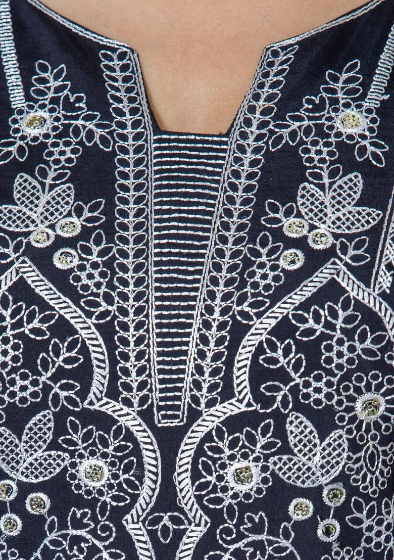 Black Embroidered Silk Blend Kurta Set - Indya