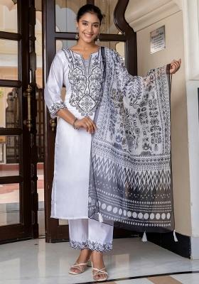 White Embroidered Silk Blend Kurta Set
