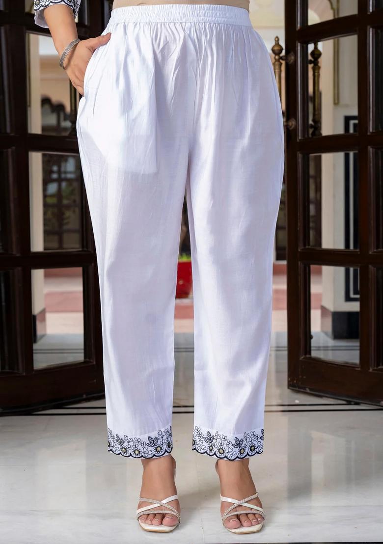 White Embroidered Silk Blend Kurta Set - Indya
