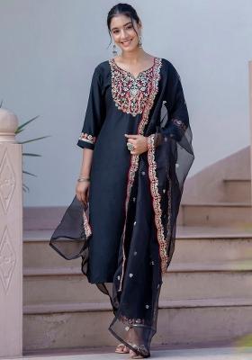 Black Embroidered Silk Blend Kurta Set