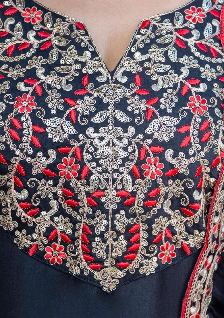Black Embroidered Silk Blend Kurta Set - Indya