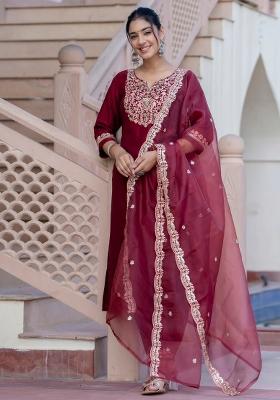 Maroon Embroidered Silk Blend Kurta Set