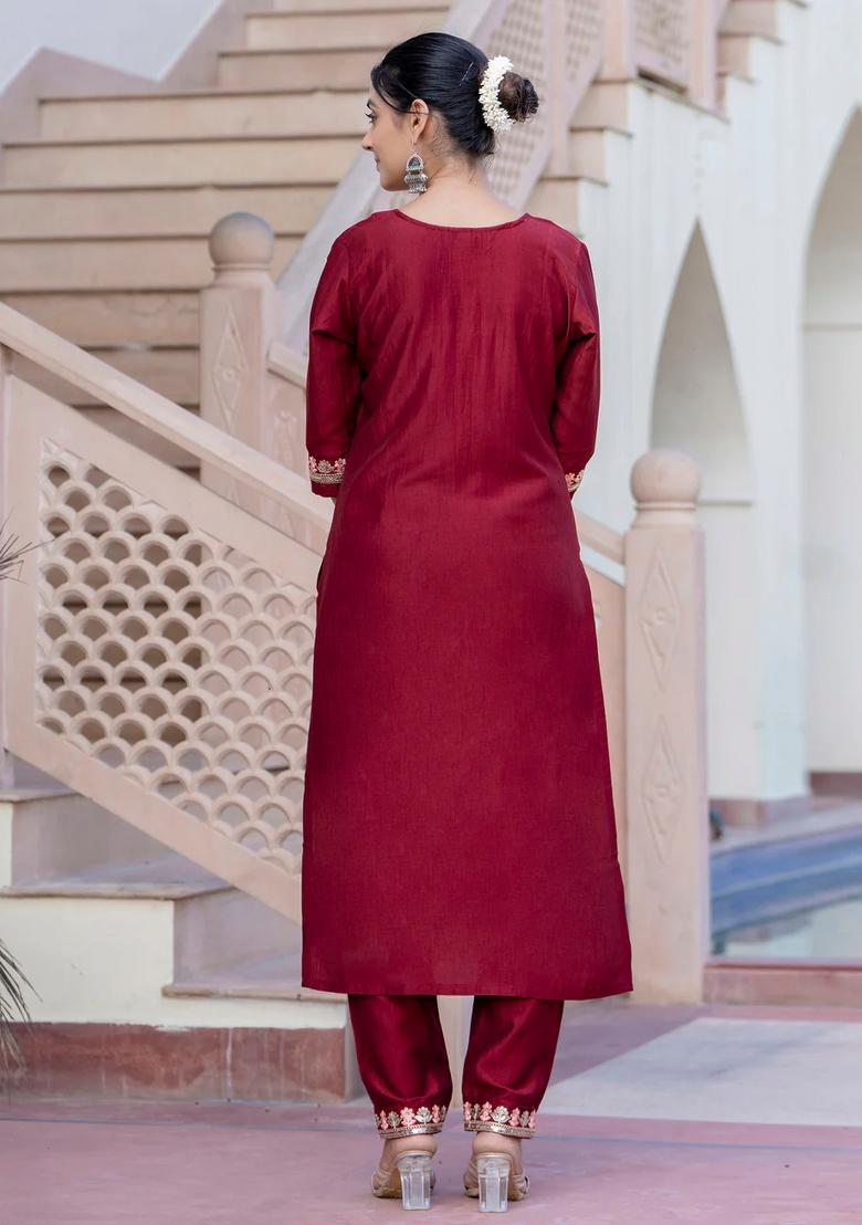 Maroon Embroidered Silk Blend Kurta Set - Indya