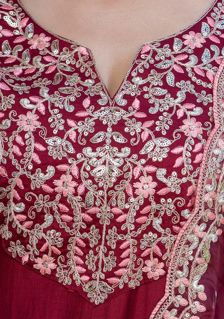 Maroon Embroidered Silk Blend Kurta Set - Indya