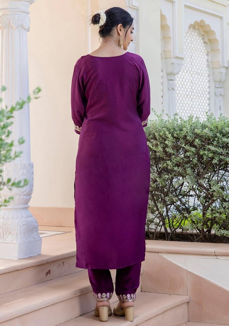 Purple Embroidered Silk Blend Kurta Set - Indya