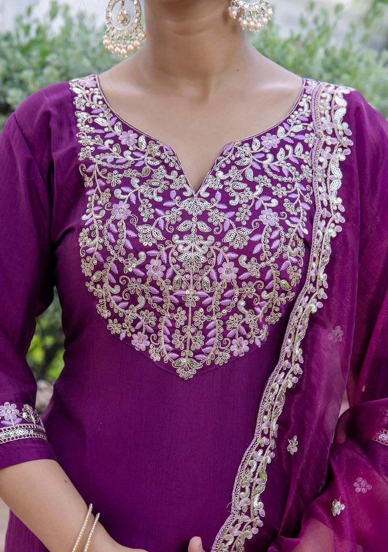 Purple Embroidered Silk Blend Kurta Set - Indya