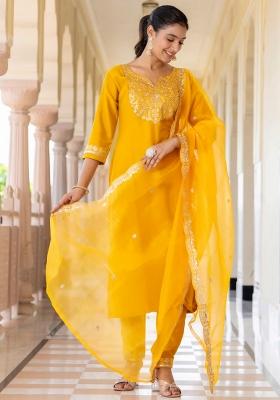 Yellow Embroidered Silk Blend Kurta Set