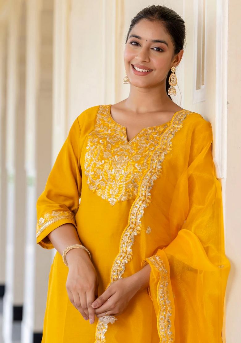 Yellow Embroidered Silk Blend Kurta Set - Indya