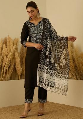 Black Embroidered Silk Blend Kurta Set