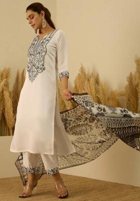 White Embroidered Silk Blend Kurta Set
