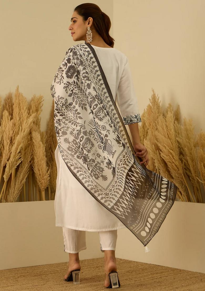 White Embroidered Silk Blend Kurta Set - Indya