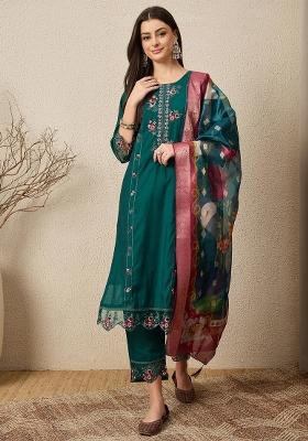 Blue Embroidered Silk Blend Kurta Set