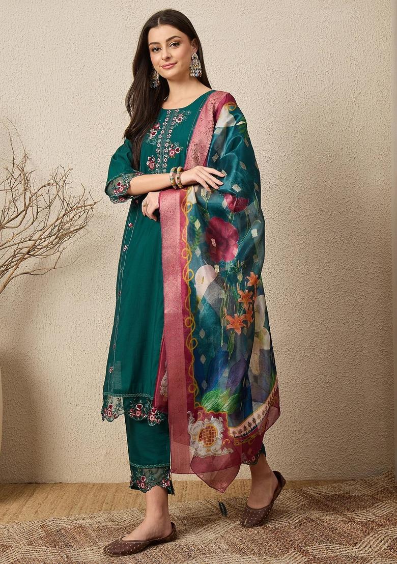 Blue Embroidered Silk Blend Kurta Set - Indya