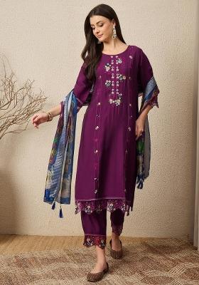 Purple Embroidered Silk Blend Kurta Set
