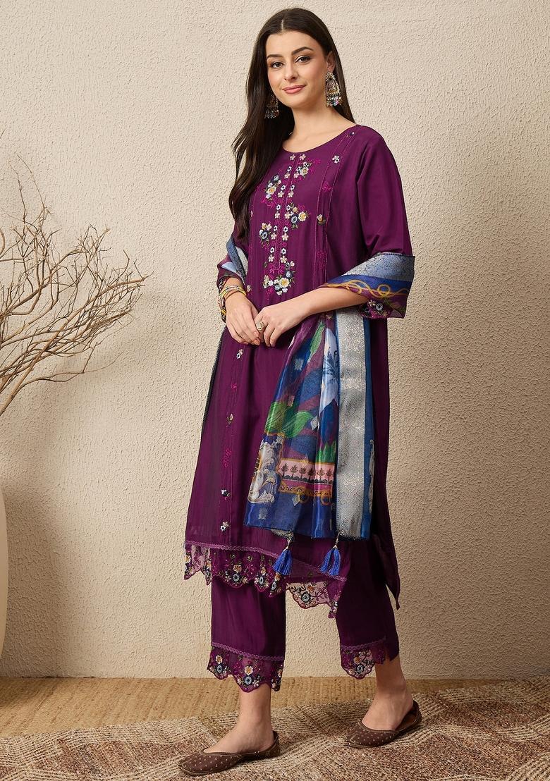 Purple Embroidered Silk Blend Kurta Set - Indya