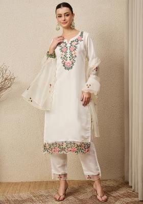 White Embroidered Silk Blend Kurta Set