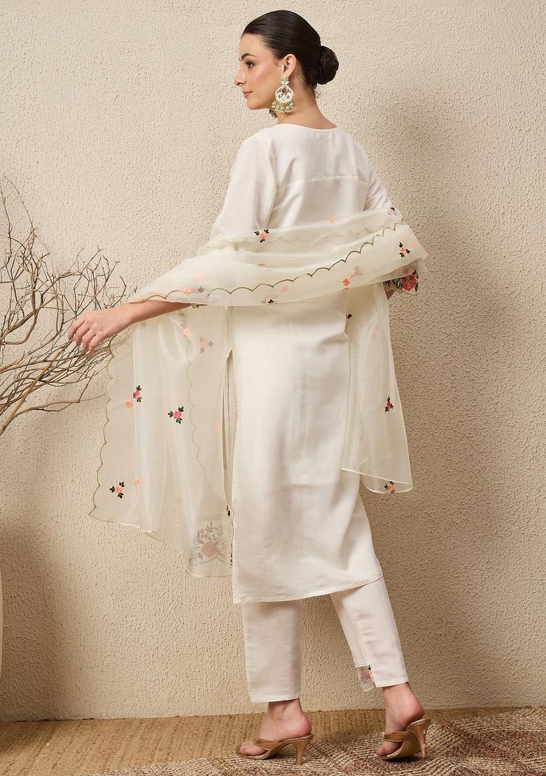 White Embroidered Silk Blend Kurta Set - Indya