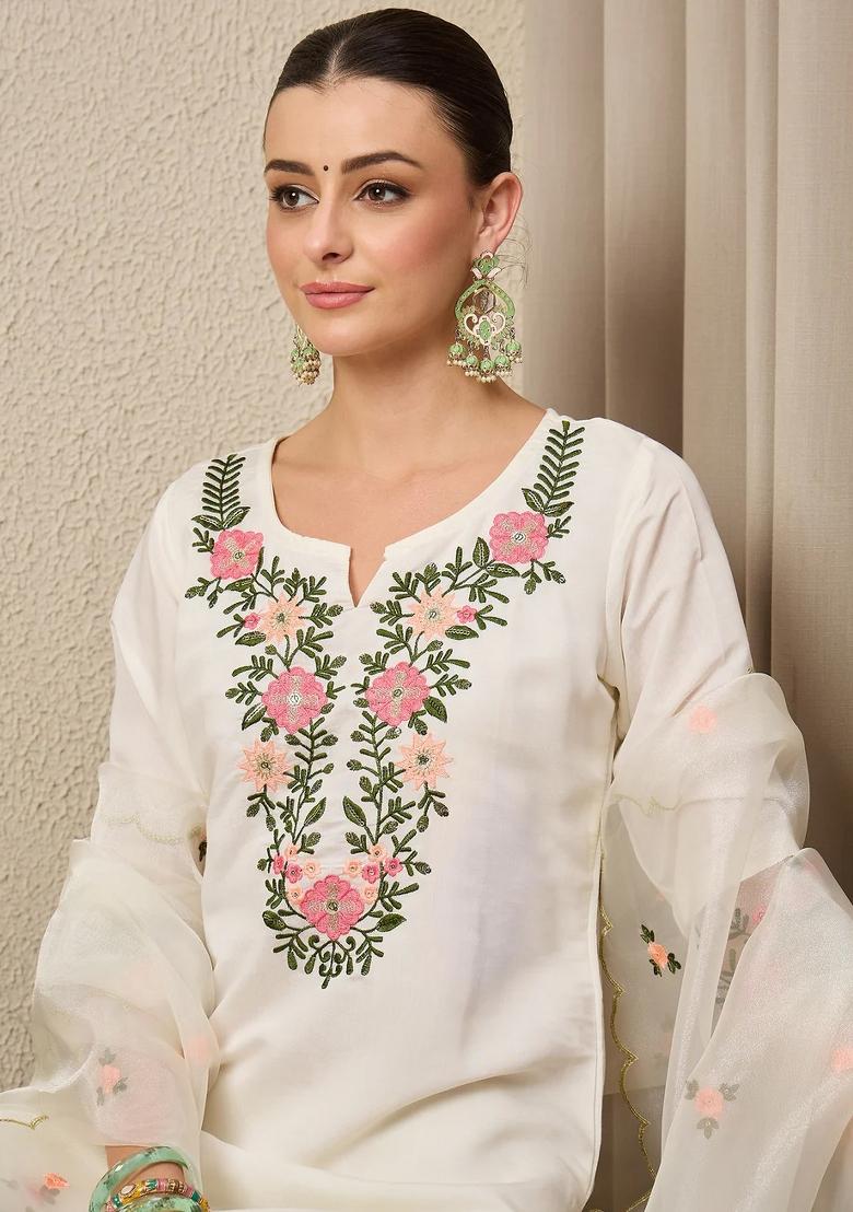 White Embroidered Silk Blend Kurta Set - Indya