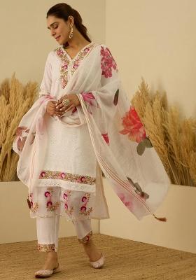 Off White Embroidered Cotton Kurta Set