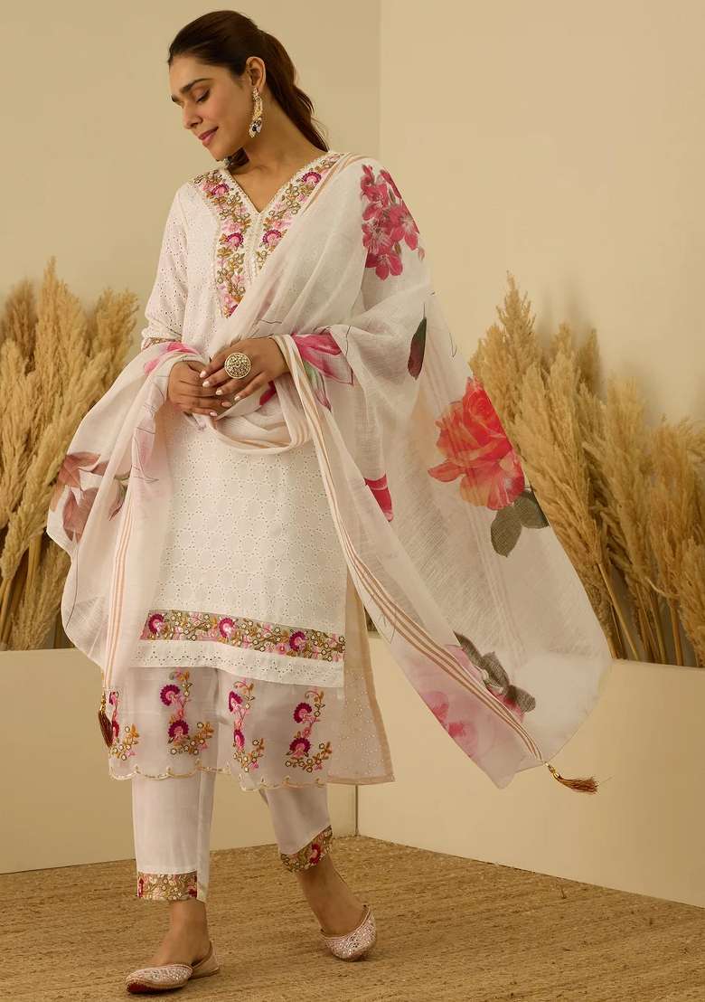 Off White Embroidered Cotton Kurta Set - Indya