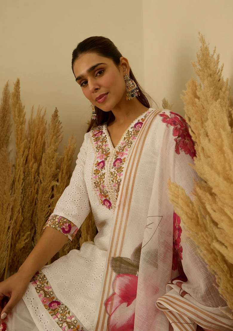 Off White Embroidered Cotton Kurta Set - Indya