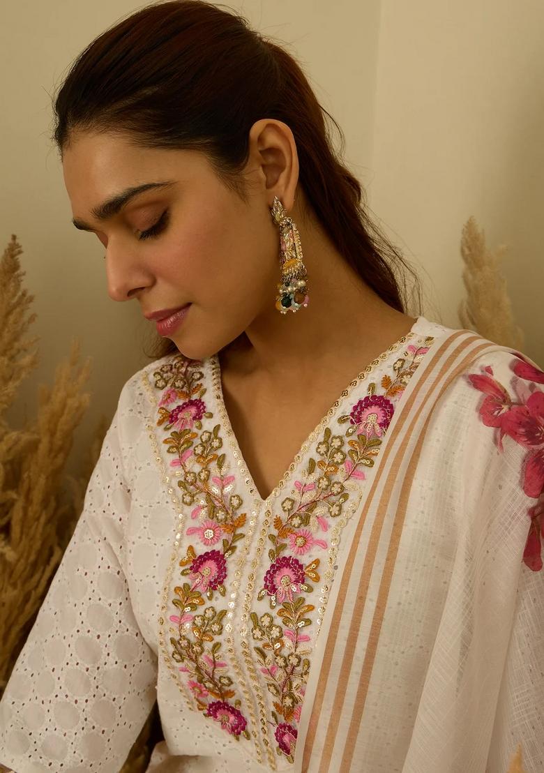 Off White Embroidered Cotton Kurta Set - Indya