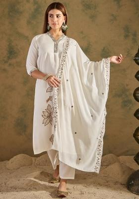 Off White Embroidered Silk Blend Kurta Set