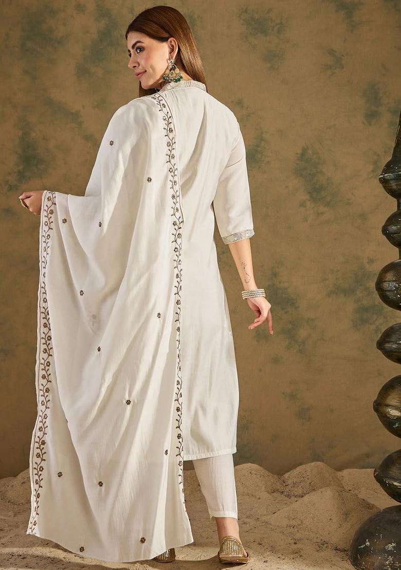 Off White Embroidered Silk Blend Kurta Set - Indya