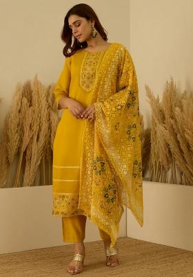 Yellow Embroidered Silk Blend Kurta Set