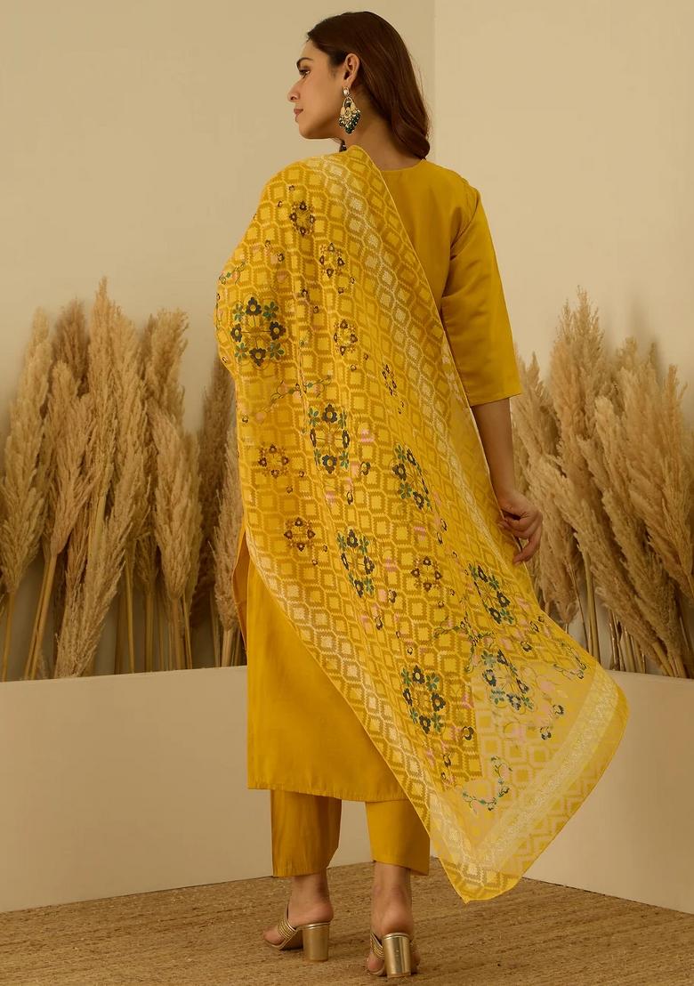 Yellow Embroidered Silk Blend Kurta Set - Indya