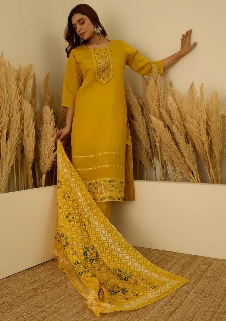 Yellow Embroidered Silk Blend Kurta Set - Indya