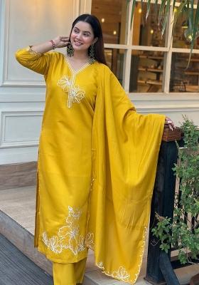 Yellow Embroidered Silk Blend Kurta Set