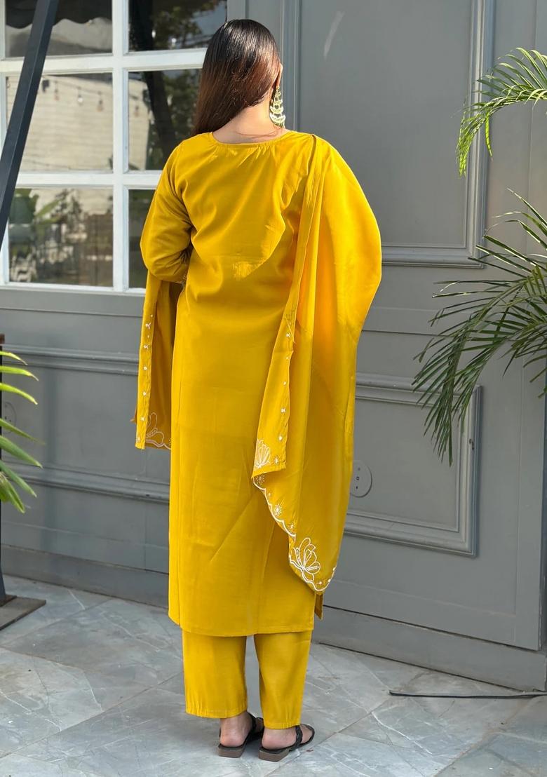 Yellow Embroidered Silk Blend Kurta Set - Indya
