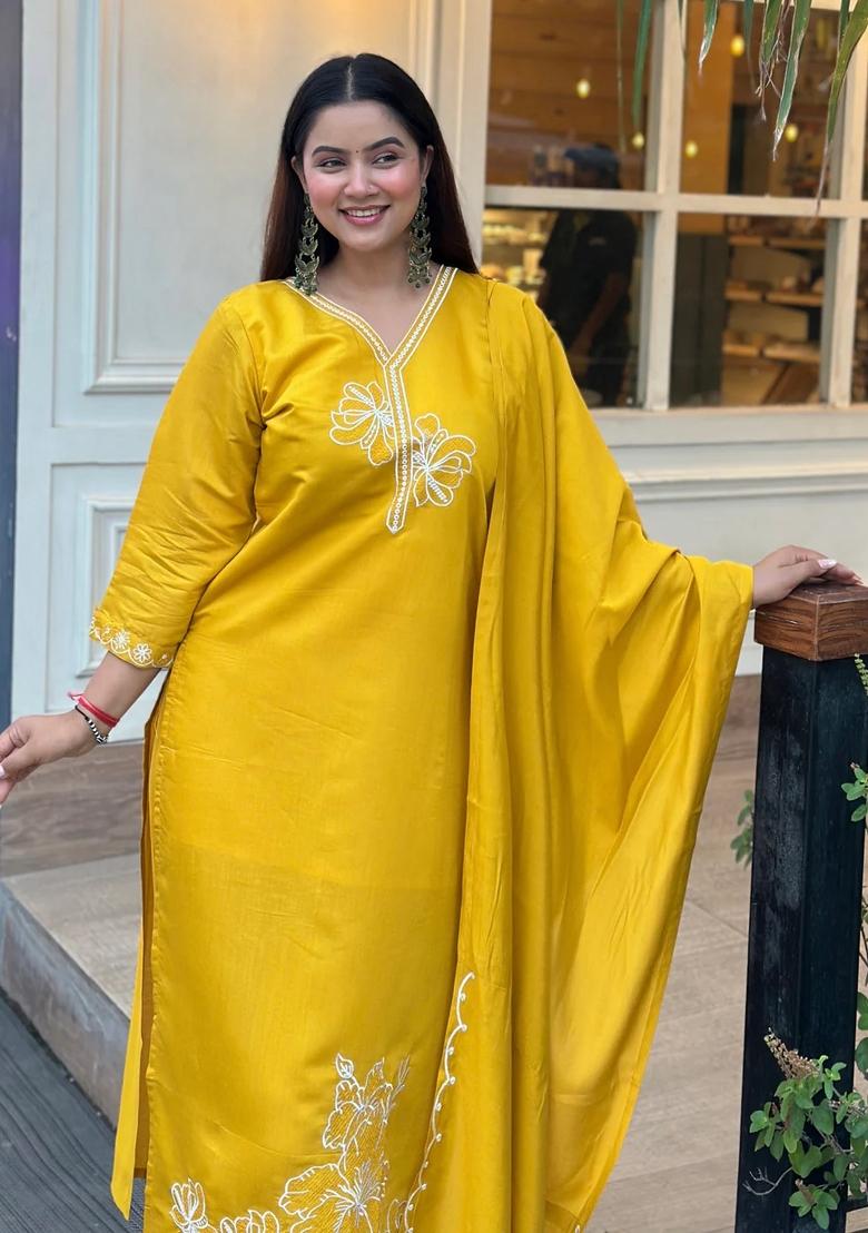 Yellow Embroidered Silk Blend Kurta Set - Indya